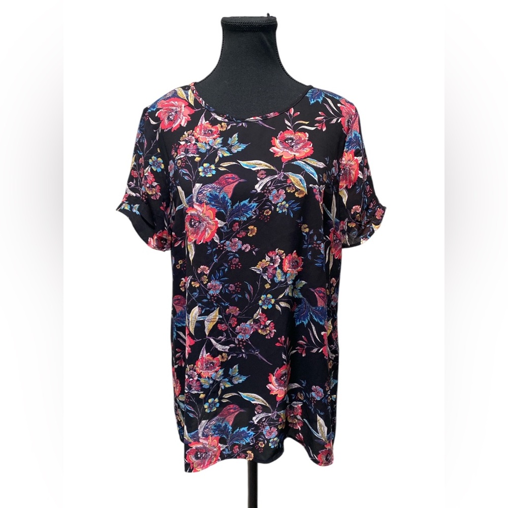 DR2 Black Top with Pink and Blue Floral Design GUC M